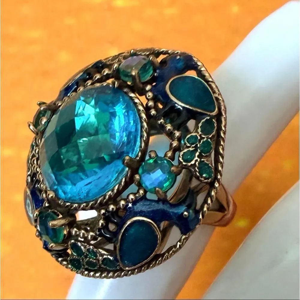Sajen Peacock Dome Ring Bronze Blue Enamel Crystal Statement Ring - Picture 9 of 13